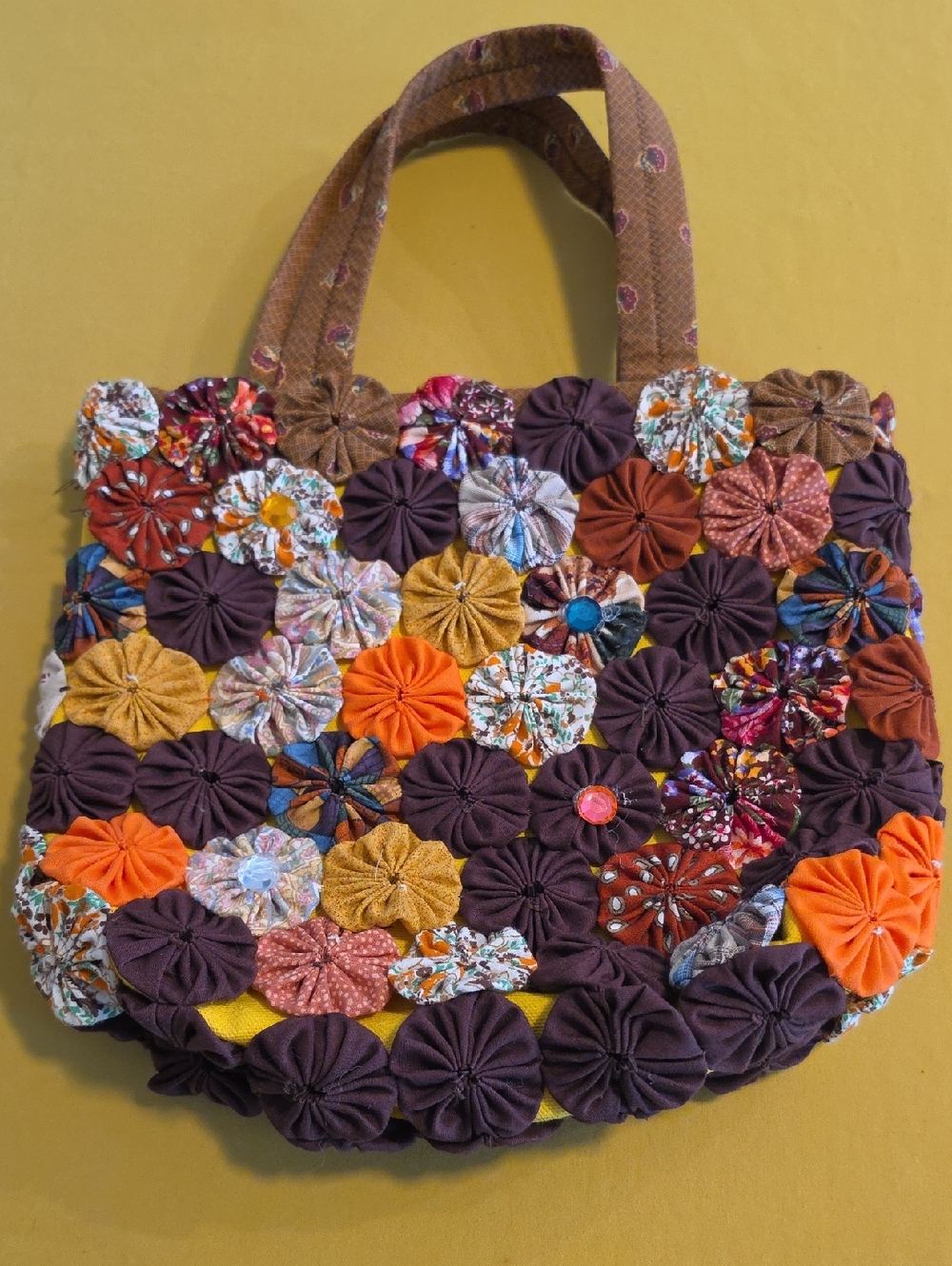 Super Cute Handcrafted Floral Yo-Yo Patchwork Open Top/Snap Bag - One Of a Kind!